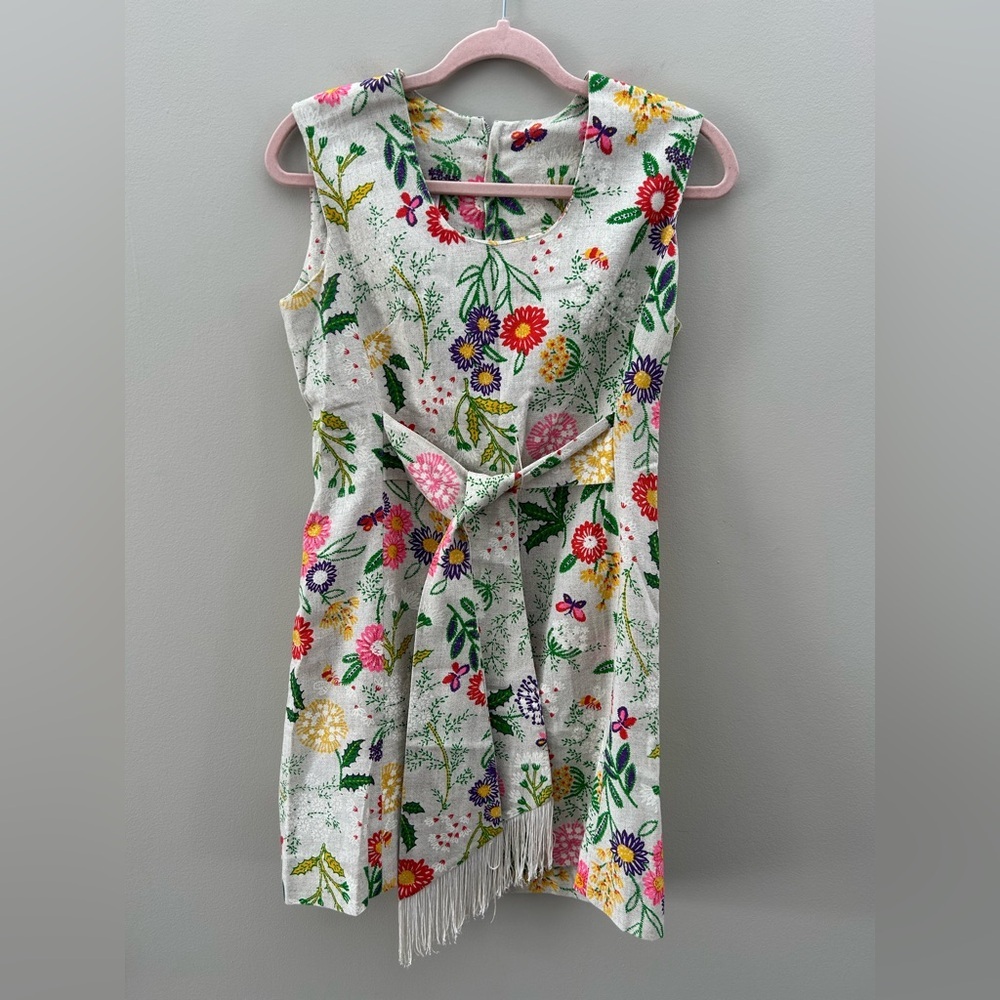 Vintage Floral Fringe Tassel Tie Front Sleeveless A-Line Burlap Airy Mini Dress - Picture 4 of 8